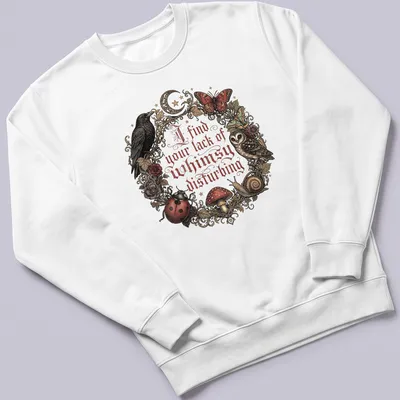 Vintage ornate print of an owl, mushrooms, and other forest creatures with whimsical text — printed on a unisex sweatshirt
