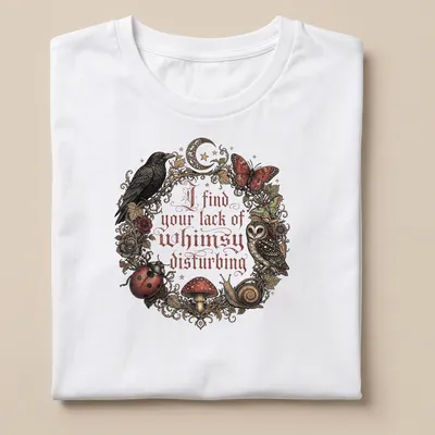 Vintage ornate print of an owl, mushrooms, and other forest creatures with whimsical text — printed on a unisex t-shirt