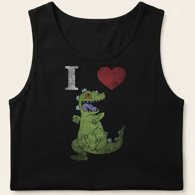 Cartoon dancing dinosaur with text 'I Heart' in playful colors — printed on a tank top