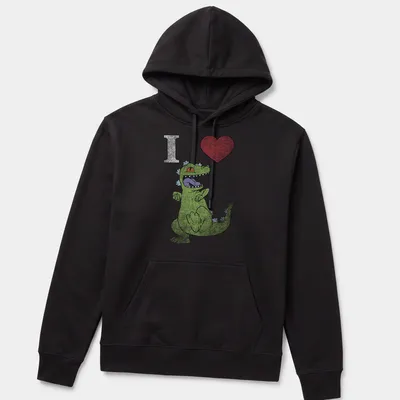 Cartoon dancing dinosaur with text 'I Heart' in playful colors — printed on a unisex hoodie