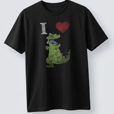 Cartoon dancing dinosaur with text 'I Heart' in playful colors