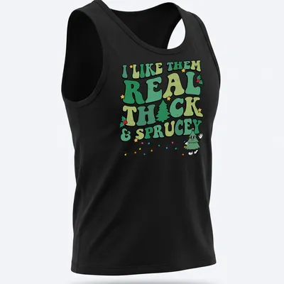 Funny Christmas tree t-shirt with retro text about liking thick and sprucey trees — printed on a tank top