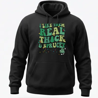 Funny Christmas tree t-shirt with retro text about liking thick and sprucey trees — printed on a unisex hoodie