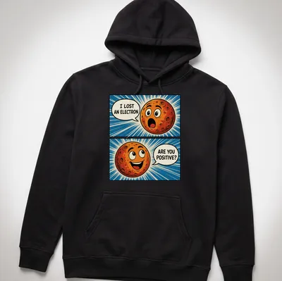 Comic planet t-shirt with humorous print about an electron and positivity — printed on a unisex hoodie