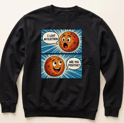 Comic planet t-shirt with humorous print about an electron and positivity — printed on a unisex sweatshirt