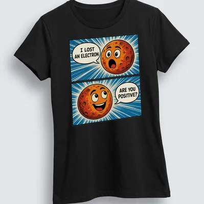 Comic planet t-shirt with humorous print about an electron and positivity — printed on a women's shirt