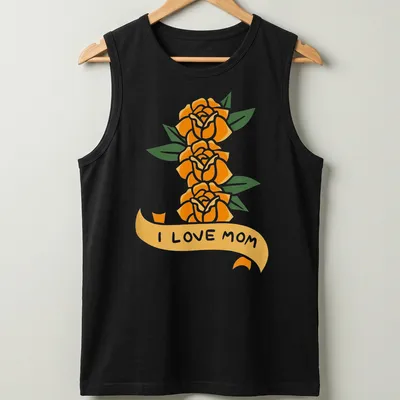 Floral illustration featuring orange roses and the phrase I Love Mom — printed on a tank top