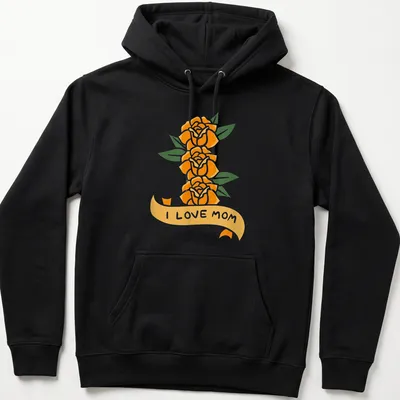 Floral illustration featuring orange roses and the phrase I Love Mom — printed on a unisex hoodie