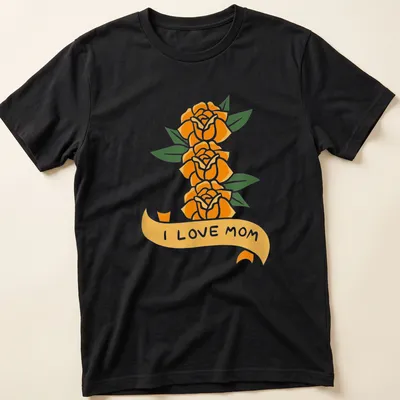 Floral illustration featuring orange roses and the phrase I Love Mom — printed on a unisex t-shirt