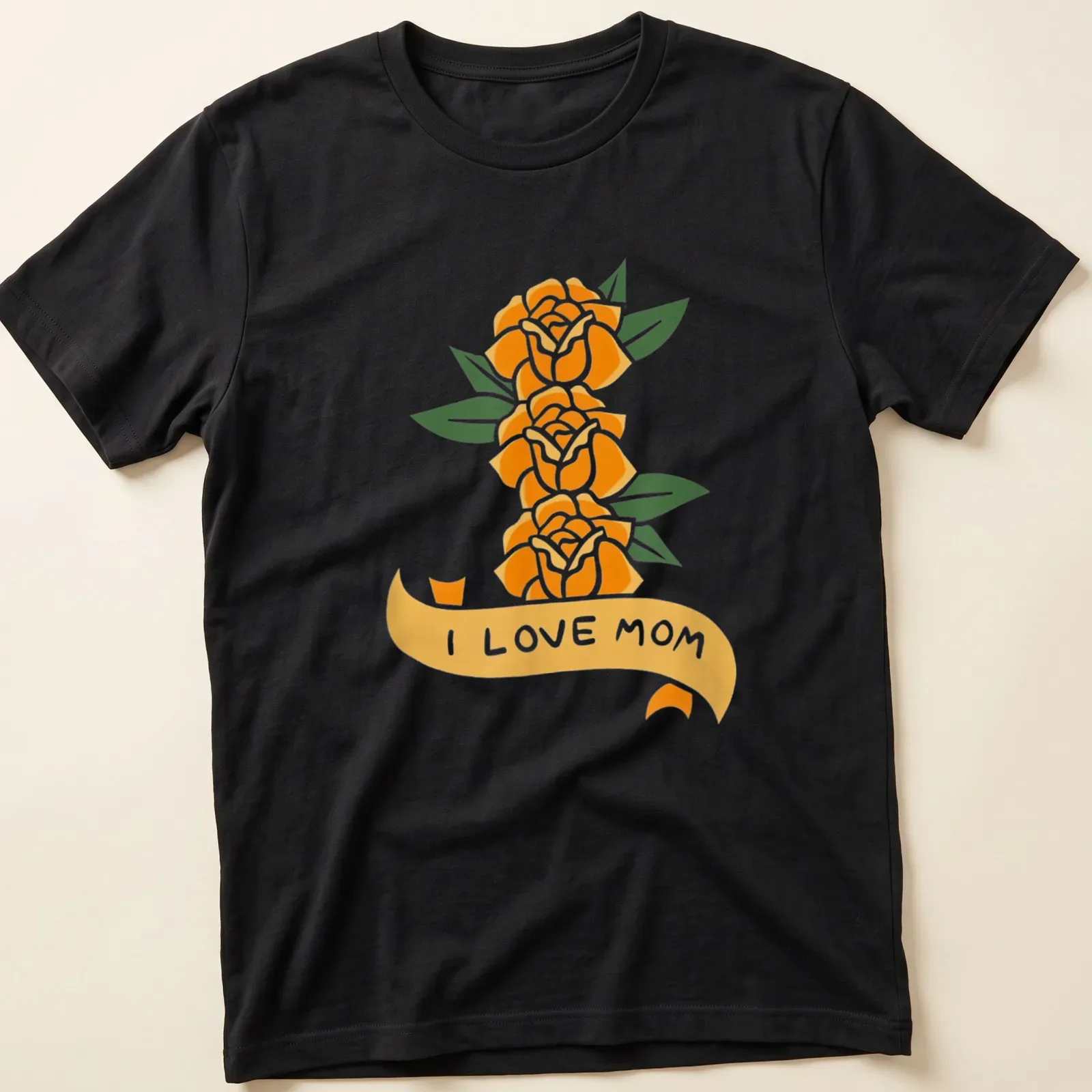 Floral illustration featuring orange roses and the phrase I Love Mom — printed on a unisex t-shirt
