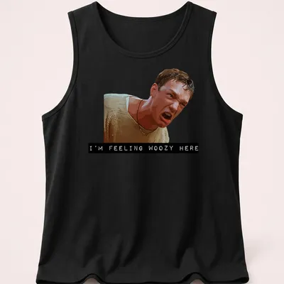 Digital illustration of an angry character with the text 'I'M FEELING WOOZY HERE' — printed on a tank top