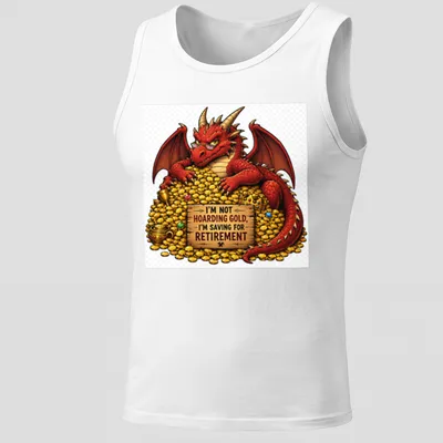 Colorful cartoon dragon with text about saving for retirement on a — printed on a tank top