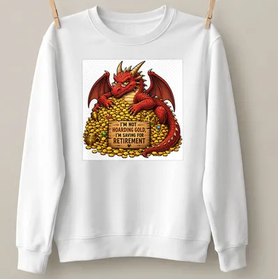 Colorful cartoon dragon with text about saving for retirement on a — printed on a unisex sweatshirt