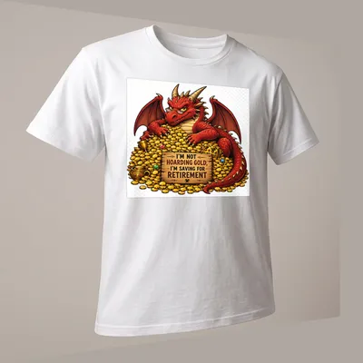Colorful cartoon dragon with text about saving for retirement on a — printed on a unisex t-shirt (angled view)