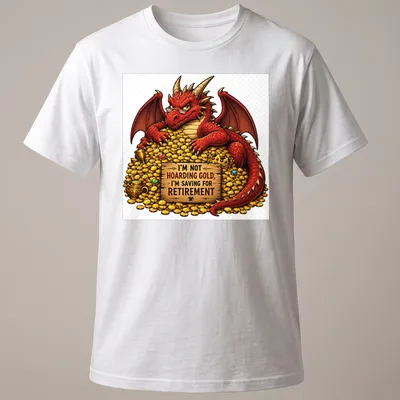 Colorful cartoon dragon with text about saving for retirement on a T-shirt