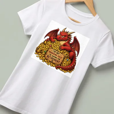 Colorful cartoon dragon with text about saving for retirement on a — printed on a women's shirt