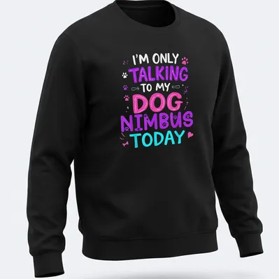 Playful colorful design with the text I'm Only Talking To My Dog Nimbus Today and an illustration of Nimbus the dog. — printed on a unisex sweatshirt
