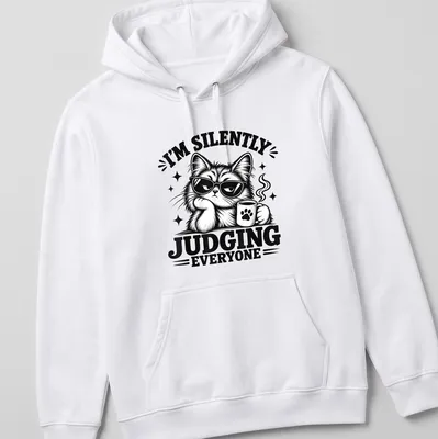 Bold black and white shirt featuring a judgmental cat and humorous text. — printed on a unisex hoodie