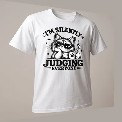 Bold black and white shirt featuring a judgmental cat and humorous text. — printed on a unisex t-shirt (angled view)