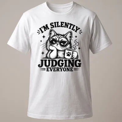 Bold black and white shirt featuring a judgmental cat and humorous text.