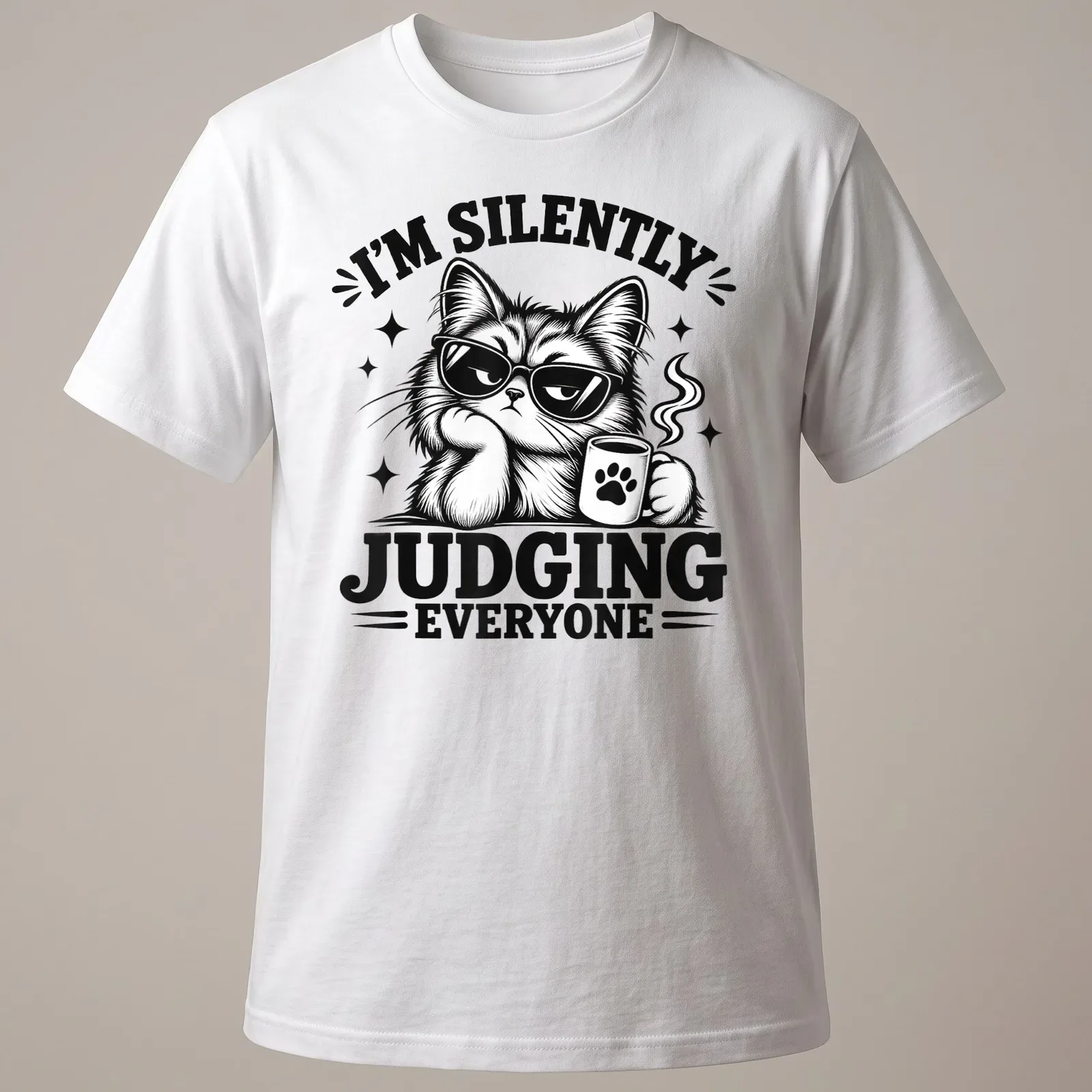 Bold black and white shirt featuring a judgmental cat and humorous text. — printed on a unisex t-shirt