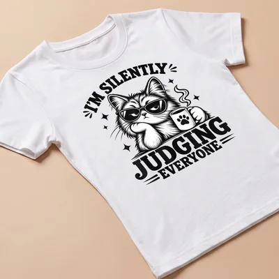 Bold black and white shirt featuring a judgmental cat and humorous text. — printed on a women's shirt