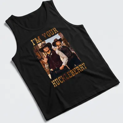 Vintage T-shirt featuring two cowgirls and the words I'm Your Huckleberry — printed on a tank top