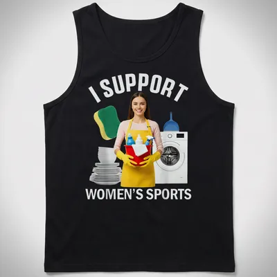 Photorealistic design of a woman with cleaning supplies and bold text supporting women's sports — printed on a tank top