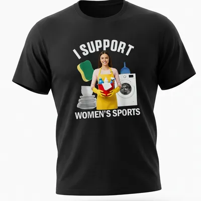 Photorealistic design of a woman with cleaning supplies and bold text supporting women's sports