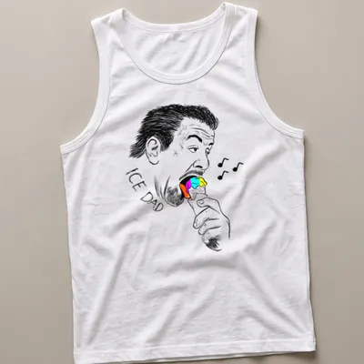 Black and white sketch of a man with the text 'ICE DAD' enjoying colorful ice cream. — printed on a tank top