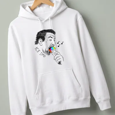 Black and white sketch of a man with the text 'ICE DAD' enjoying colorful ice cream. — printed on a unisex hoodie
