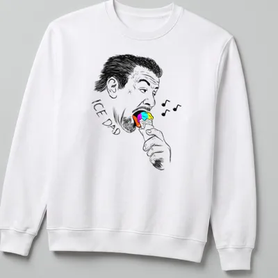 Black and white sketch of a man with the text 'ICE DAD' enjoying colorful ice cream. — printed on a unisex sweatshirt