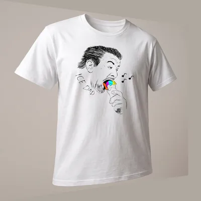 Black and white sketch of a man with the text 'ICE DAD' enjoying colorful ice cream. — printed on a unisex t-shirt (angled view)