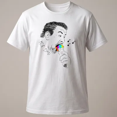Black and white sketch of a man with the text 'ICE DAD' enjoying colorful ice cream. — printed on a unisex t-shirt