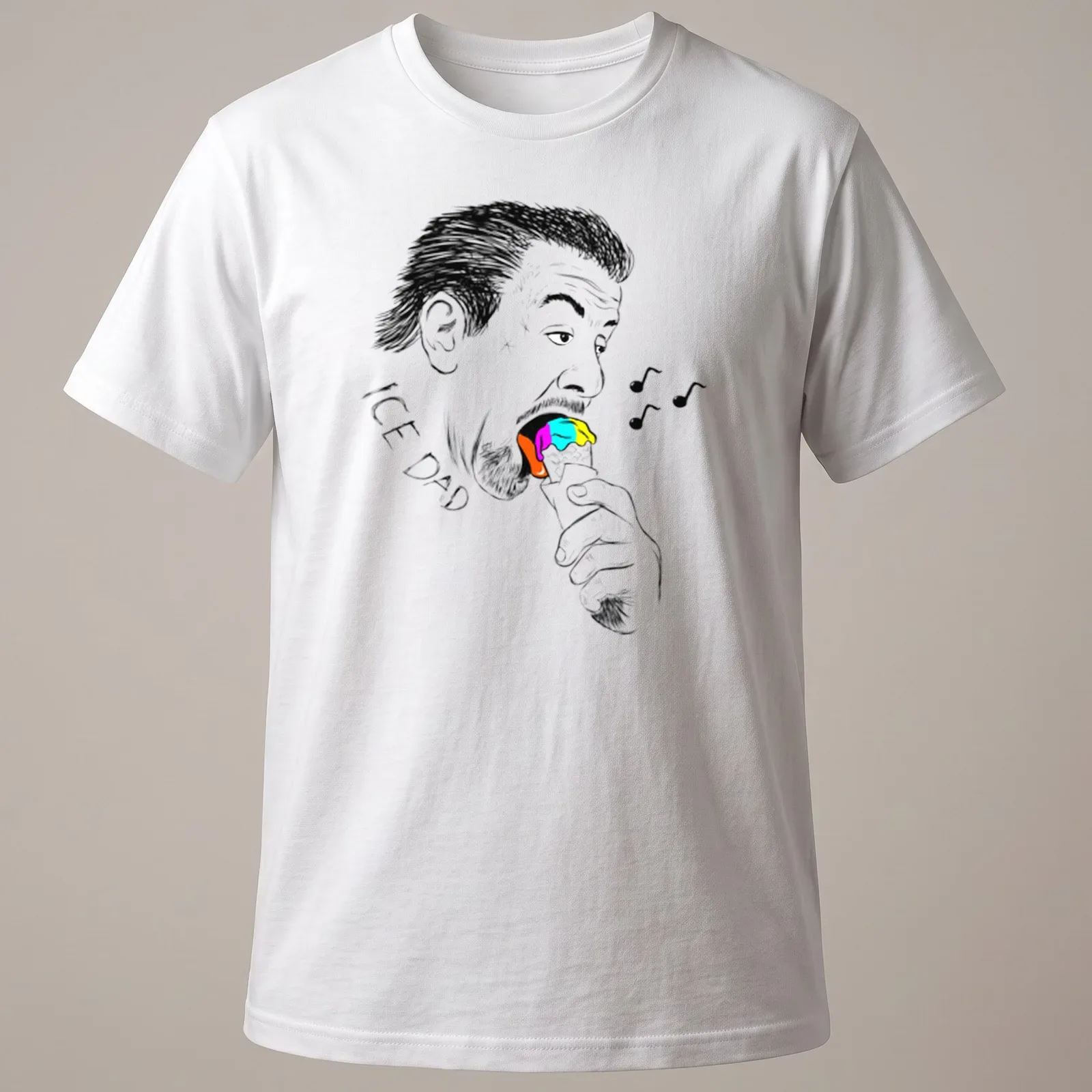 Black and white sketch of a man with the text 'ICE DAD' enjoying colorful ice cream. — printed on a unisex t-shirt