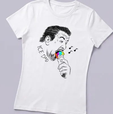 Black and white sketch of a man with the text 'ICE DAD' enjoying colorful ice cream. — printed on a women's shirt