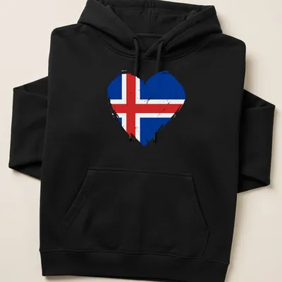 Distressed print of Iceland flag shaped like a heart in blue, red, and white. — printed on a unisex hoodie