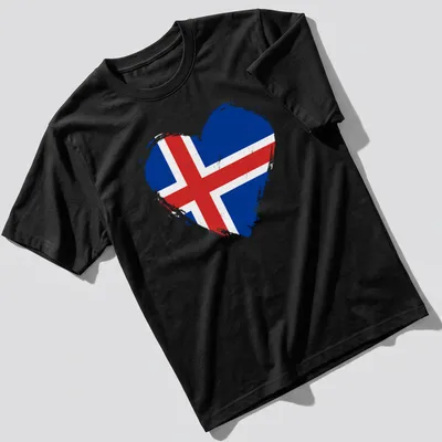 Distressed print of Iceland flag shaped like a heart in blue, red, and white.