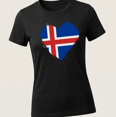 Distressed print of Iceland flag shaped like a heart in blue, red, and white. — printed on a women's shirt