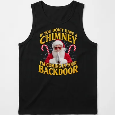 Bold festive Santa t-shirt with humorous chimney quote in red and white — printed on a tank top