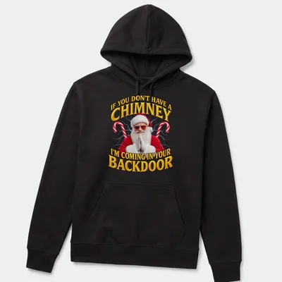 Bold festive Santa t-shirt with humorous chimney quote in red and white — printed on a unisex hoodie