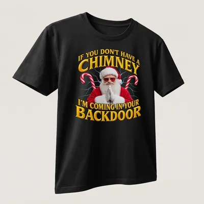 Bold festive Santa t-shirt with humorous chimney quote in red and white — printed on a unisex t-shirt (angled view)