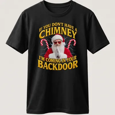 Bold festive Santa t-shirt with humorous chimney quote in red and white