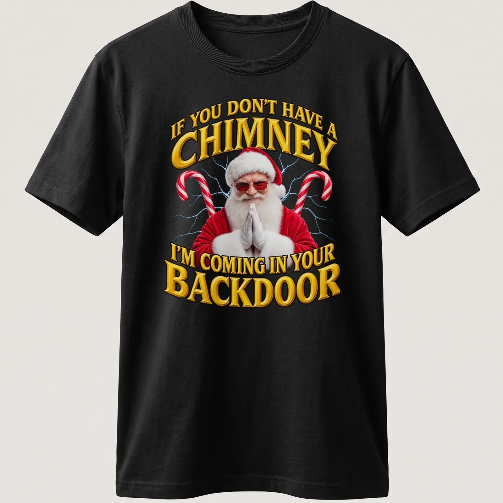 Bold festive Santa t-shirt with humorous chimney quote in red and white — printed on a unisex t-shirt