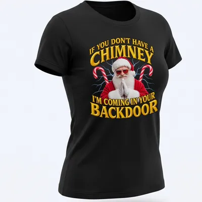 Bold festive Santa t-shirt with humorous chimney quote in red and white — printed on a women's shirt