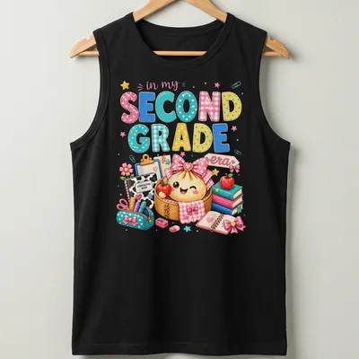 Kawaii style T-shirt featuring a dumpling girl and colorful text about second grade — printed on a tank top