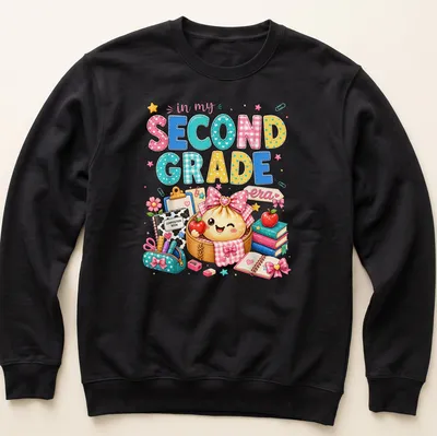 Kawaii style T-shirt featuring a dumpling girl and colorful text about second grade — printed on a unisex sweatshirt