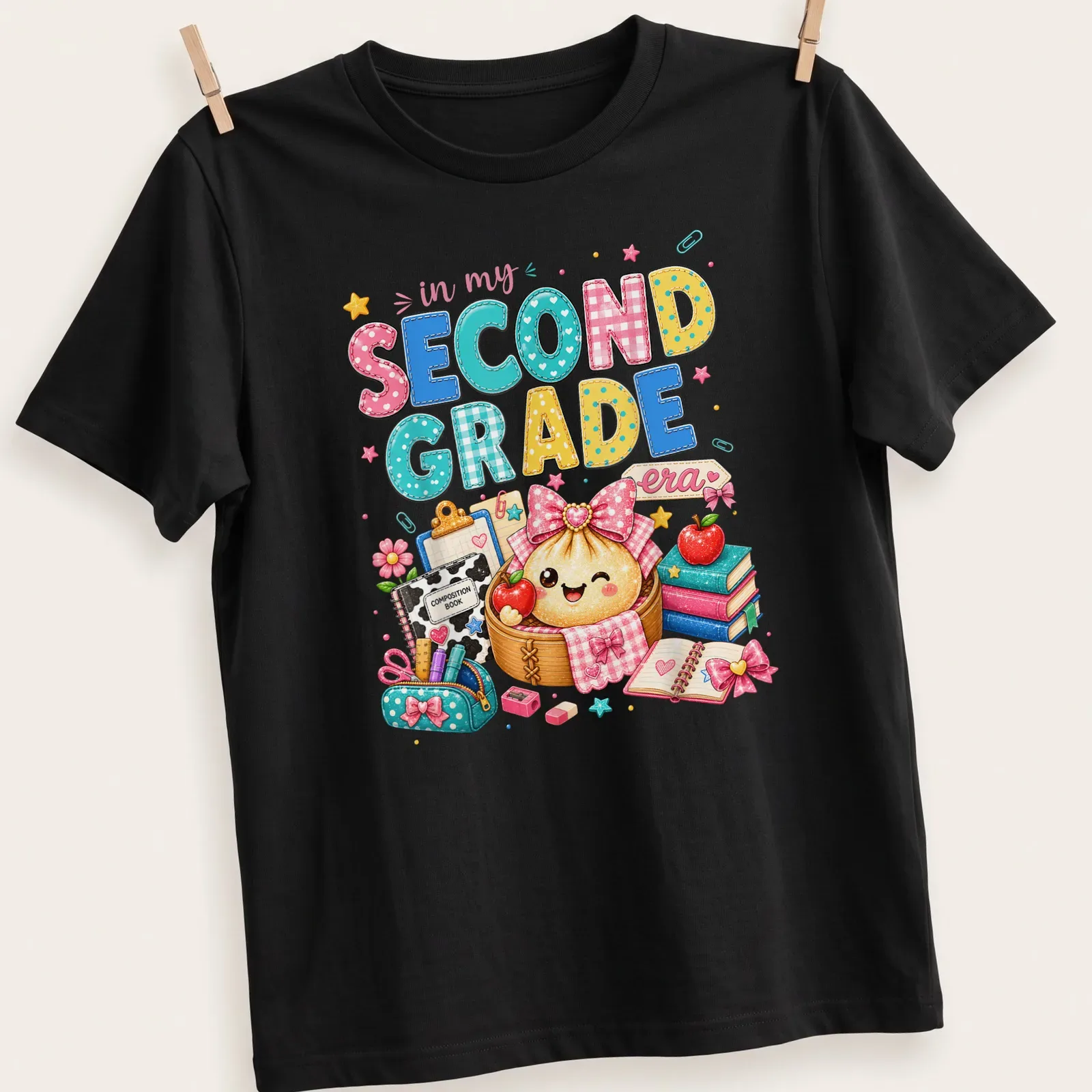 Kawaii style T-shirt featuring a dumpling girl and colorful text about second grade — printed on a unisex t-shirt