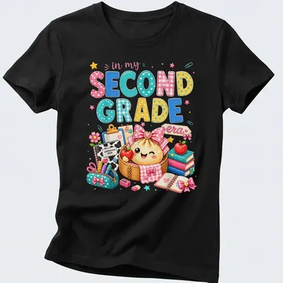 Kawaii style T-shirt featuring a dumpling girl and colorful text about second grade — printed on a women's shirt