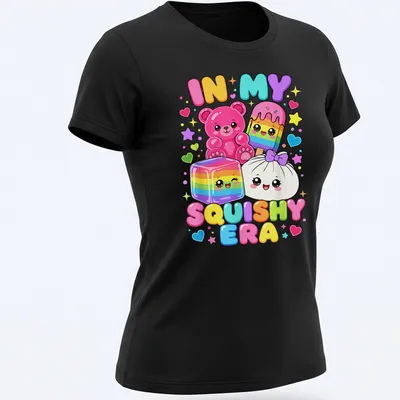 Kawaii style t-shirt featuring a cute bear, ice cream, and colorful candy design — printed on a women's shirt